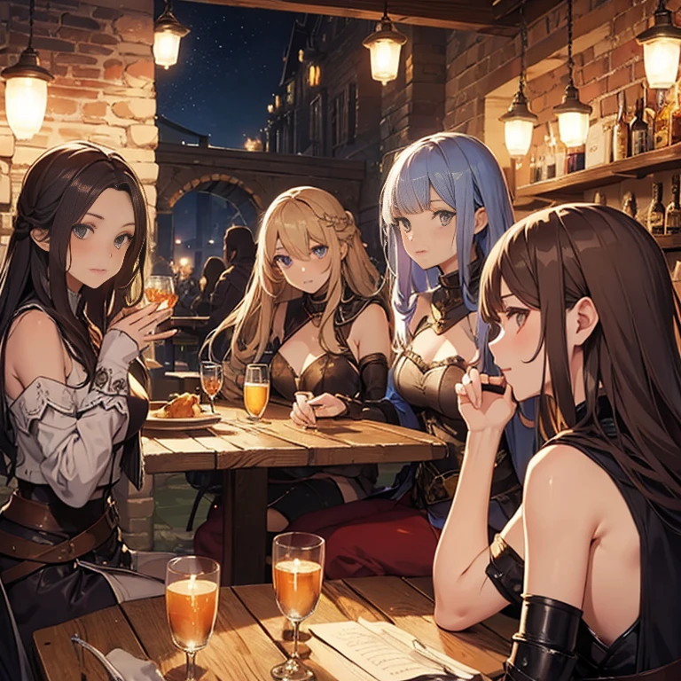 A group of  female medieval fantasy adventurers, (in tavern), various hair styles, harem, night, details face, seducing, sleeveless, armor 