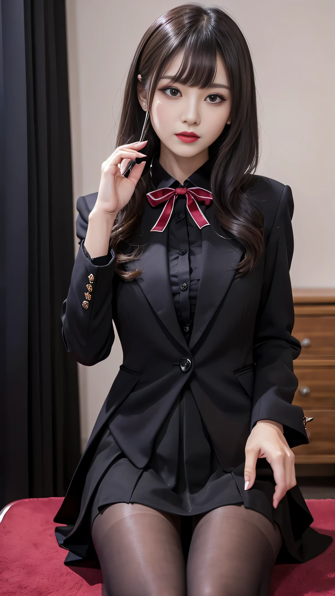 tra-detailed、Japanese、attractive beauty、seductive adult woman、pretty woman、piercing eyes、cool girl、wavy hair、swept bangs、suit、Jacket、blouse、ribbon、Tight Skirt、pantyhose、beautiful feet、Evil cadres、evil depravity、brainwash、mind control、lipstick、lip gloss、dark makeup、smirk、Evil expression、evil、hollow eyes,half-closed eyes、empty eyes、evil、night room、dark room、vampire、succubus、vampire、Swear allegiance、stand、