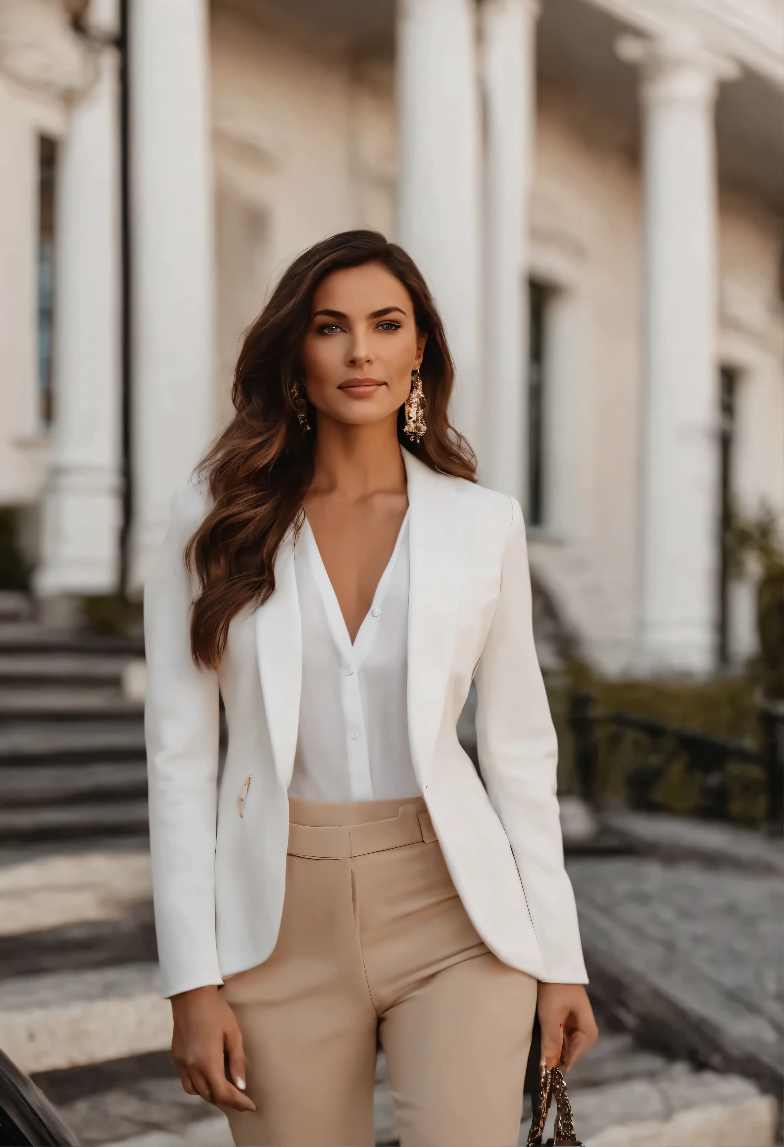 Foto de corpo inteiro de mulher loira cabelo curto, homem de olhos azuis, white blazer and beige pants in front of a luxury European-style house, ao lado de uma carro da marca mercede bens branco e conversivel, business clothes, Panoramic view of the city, Foto CRU, pele altamente detalhada ,8k HD, dslr, soft lighting, alta qualidade, Film grain, Fujifilm XT3.