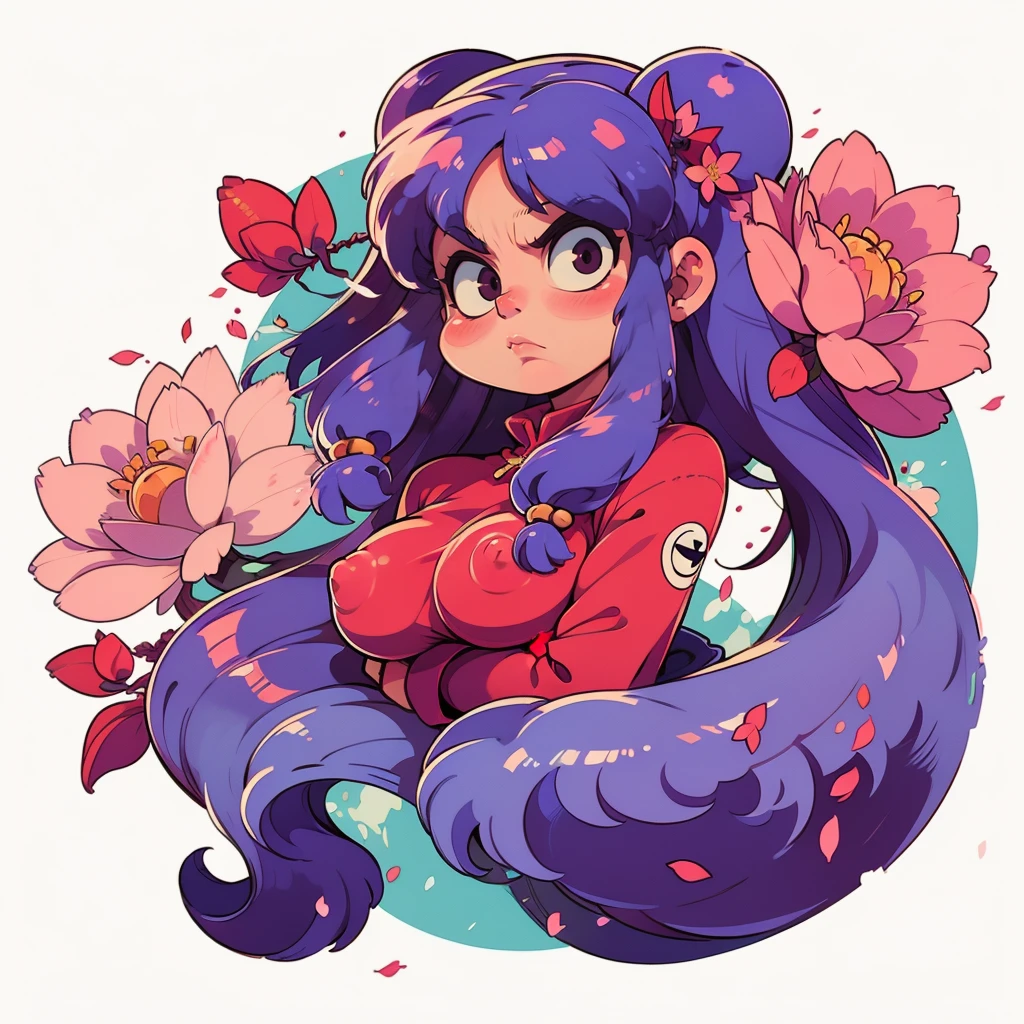 ((sticker-style illustration for print with 1girl, minimalism,)), simple background, clean:0.9, lineart, vector, shampoo \(ranma 1/2\), looking at the viewer, long purple hair, (eyes angry), (Cherry blossoms for background), circle frame, crossed arms, circle frame, no shirt, topless, (breast , nice nipples), circle frame, UHD, great details, long hair

