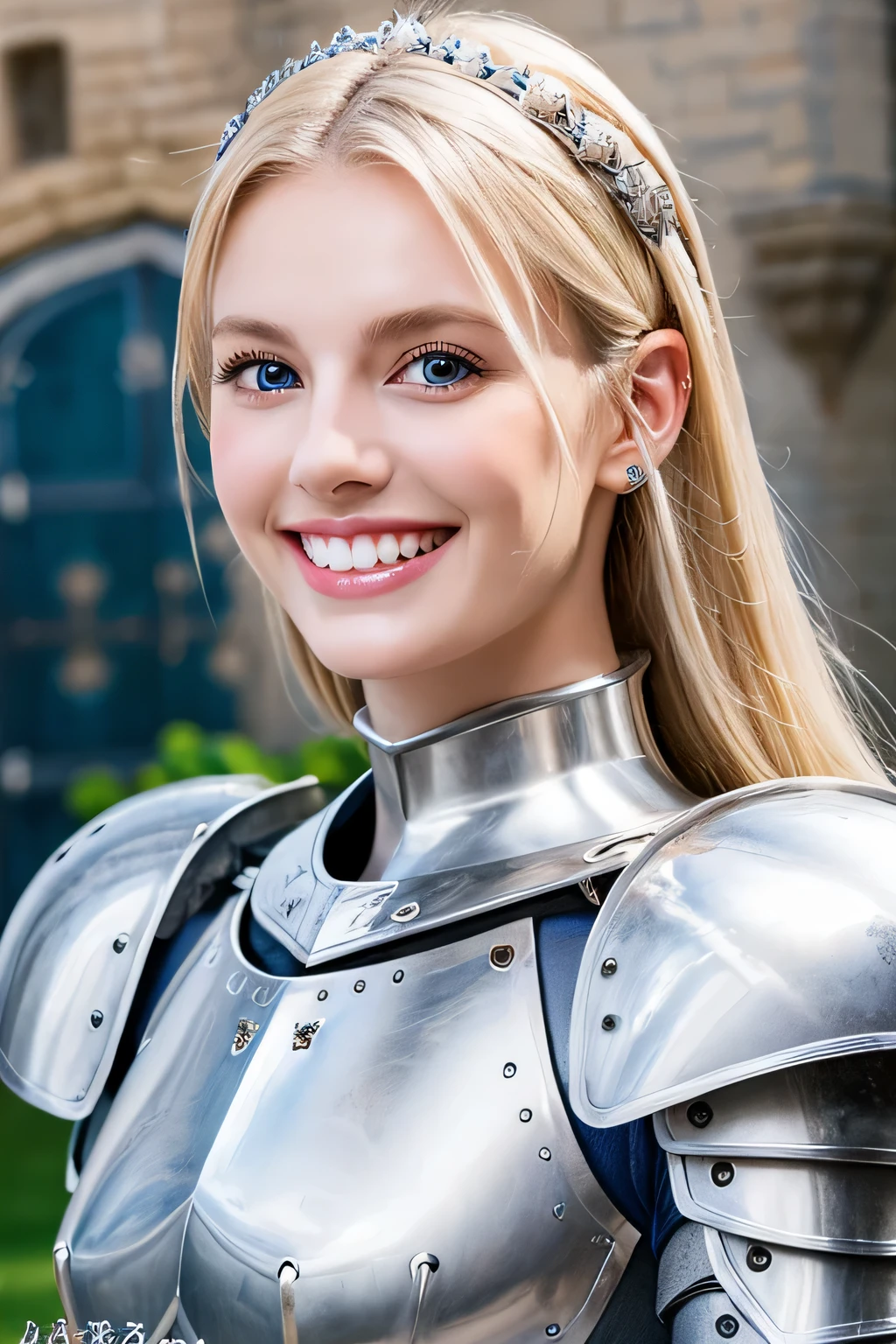 8K、highest quality、female knight、Luxurious Silver Armor、、hairstyle shortcut、smile、beautiful teeth、full body photo、ear piercing、blonde、white woman、blue eyes、heavy makeup、The background is the interior of the castle...