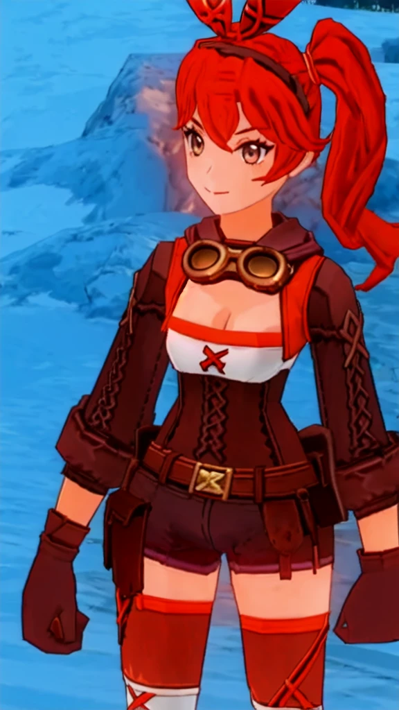 Twintail, red haired, 1girl, grey eyes, well toned, well built, muscled, toned muscles, looking at pov, smile,bangs,brown_hair, thigh-highs, gloves,long_sleeves,ribbon,cleavage,hair_between_eyes,medium_breasts,jacket,hair_ribbon,thighs,shorts,belt,red_ribbon, ,short_shorts,goggles,red_jacket,red_gloves,goggles_on_head,pouch,crossed_bangs,shrug_(clothing),red_thighhighs,brown_shorts