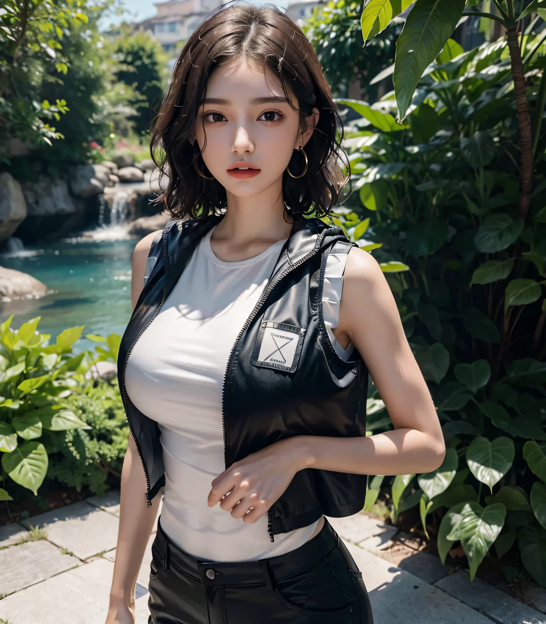 absurdres, RAW photo, extremely delicate and beautiful, masterpiece, Best Quality, ultra high resolution, 32k, hyperrealistic, ultra-detailed, perfect anatomy, perfect figure, super Detailed skin, Very detailed CG 8k wallpaper, 30 years old, very Slim body, narrow waist, very small head, very small face, delicate facial features, tearful mole, earring, thin legs, (very huge round breasts:1.2), full body shot, short hair, (wavy hair:1.2), wet clothes, (Outdoor Vest:1.2), hoodie, Long pants,