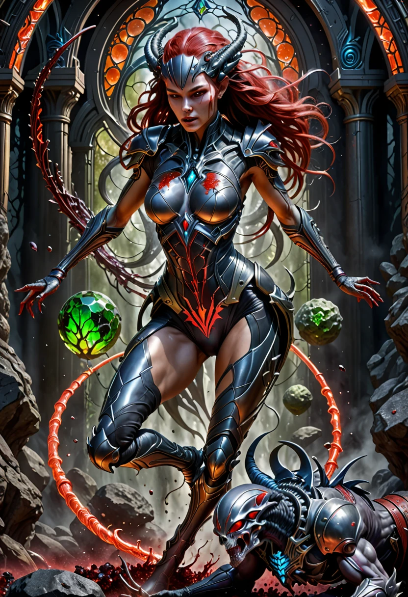 best quality,4k,8k,highres,masterpiece:1.2,ultra-detailed,realistic:1.37,HDR,UHD,studio lighting,ultra-fine painting,sharp focus,physically-based rendering,extreme detail description,professional,art nouveau,tarot card style, dynamic angle, (dynamic pose), action shot, alien female,(two characters),(creatures from space), cyborg style,(the composition focal point is an alien female resurrecting a creature from the dead:1.6), (raising the undead), (she is infusing energy into the creature's corpse:1.37), red energy lines,(blood strings floats around the environment and flows into the creature's corpse), fractalized, android, (wearing a cyborg exoskeleton),alien flora,(mystical dark druid's den background with crystalized blood rocks),vivid colors,silver and dark gray hues,trending on cgsociety,landscape,(horror),sci-fi,concept artists,bright and vibrant colors,dreamy lighting