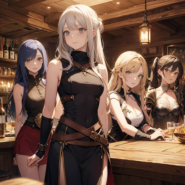 A group of female medieval fantasy adventurers, (in tavern), various hair styles, harem, night, details face, short skirt, seducing, sleeveless, armor, midriff