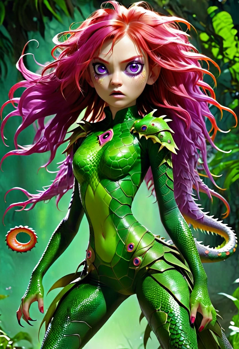 ((A Mutated Girl with a body of a large lizard)) The girl has ((wild red hair)) ((Shocked Purple Eyes)) ((four legs)) ((webbed feet)) ((angry features)) ((flared nostrils)) a green body with pink round-spots ((large claws)) ((lizard nails)