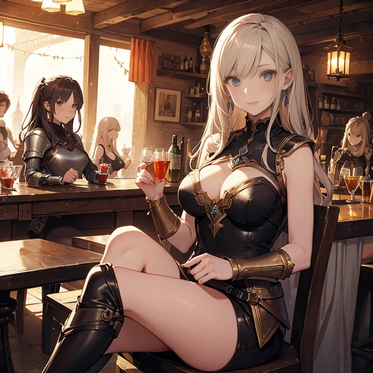 A group of  female medieval fantasy adventurers, (in tavern), various hair styles, harem, night, details face, seducing, sleeveless, armor 