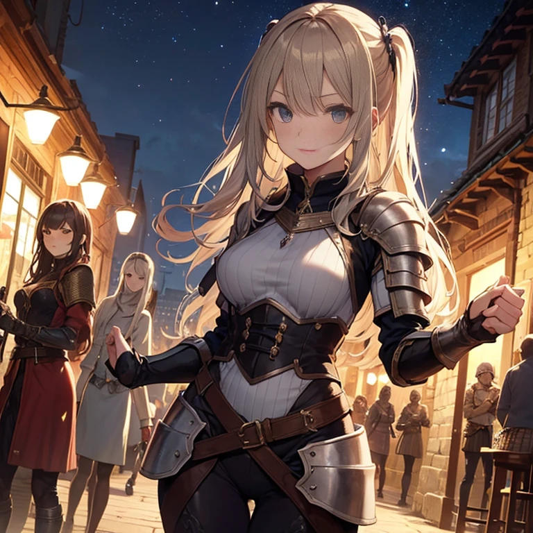 A group of female medieval fantasy adventurers, (in tavern), various hair styles, harem, night, details face, seducing, sleeveless, armor