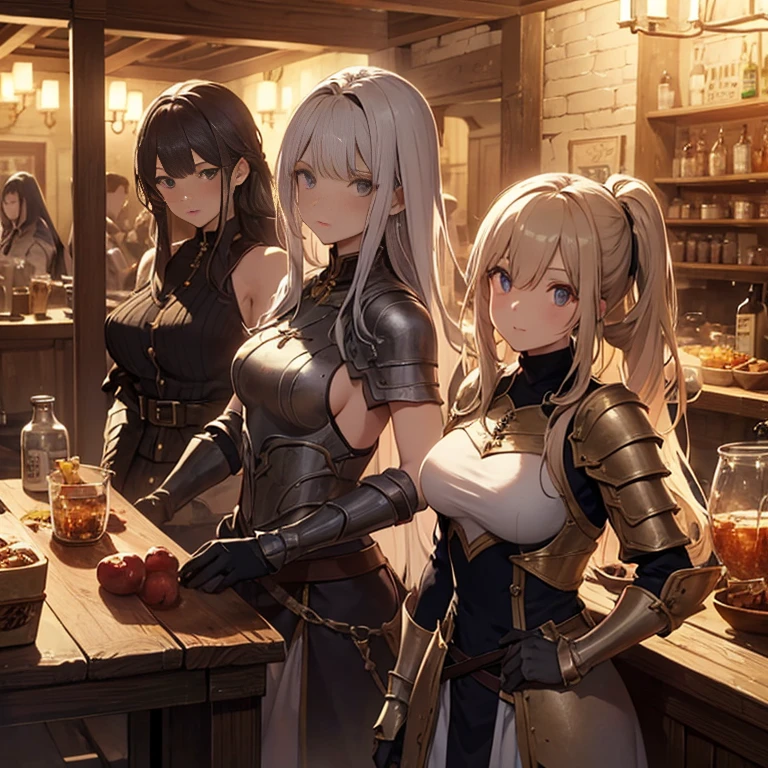 A group of female medieval fantasy adventurers, (in tavern), various hair styles, harem, night, details face, seducing, sleeveless, armor