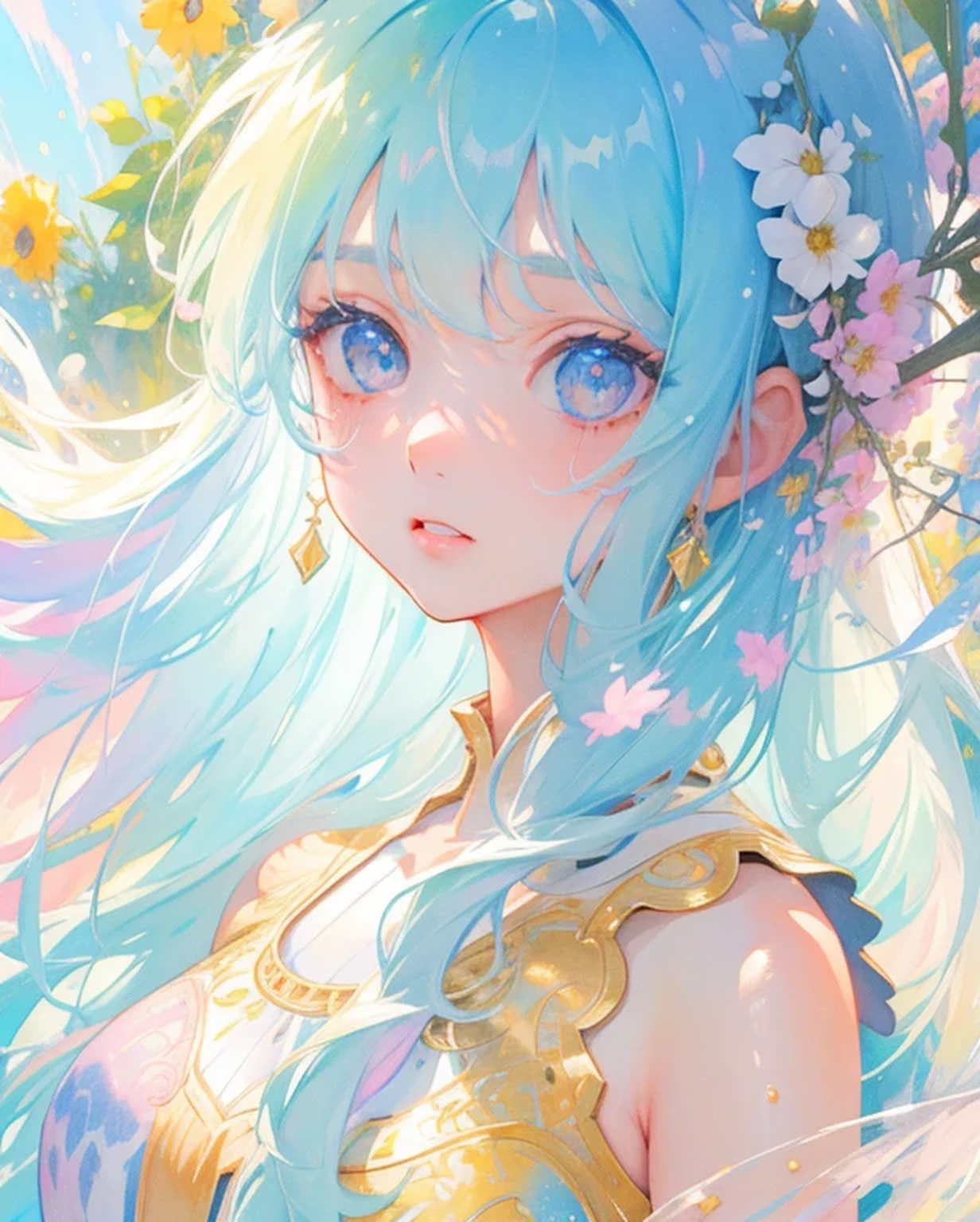 masterpiece, best quality, 16k resolution, sharp focus, intricate detail, beautiful girl, sparkling eyes, golden ratio face, watercolor, pastel colors, bright colors, colorful, sharp focus, high resolution, fine detail, liquid ballgown, round eyes, iridescent bubbles, fine hands, upper body shot, 