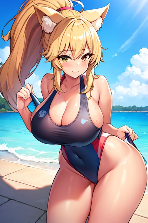amy, ponytail, bangs, long hair, fox ears, fox tail, thick thighs, breasts, 1girl, wide hips, large breasts, blonde hair, smile, ponytail, tan, one-piece swimsuit, black one-piece swimsuit, competition swimsuit, blue trim, pool, poolside, happy