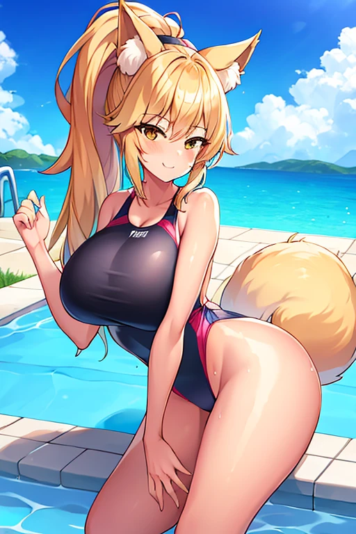 amy, ponytail, bangs, long hair, fox ears, fox tail, thick thighs, breasts, 1girl, wide hips, large breasts, blonde hair, smile, ponytail, tan, one-piece swimsuit, black one-piece swimsuit, competition swimsuit, blue trim, pool, poolside, happy