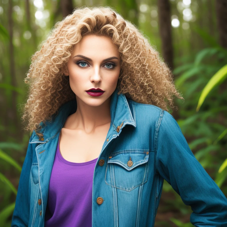 debbieb3rry, in jungle, long curly blonde hair, green jacket, orange shirt, torn jeans, purple lips, (intricate details), perfect eyes, perfect face, perfect lighting, beautiful, (masterpiece:1.2), (best quality:1.2)