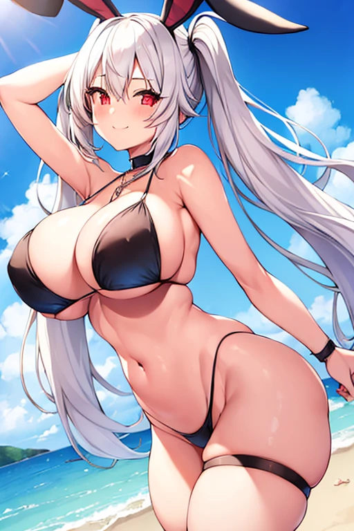 1girl, white hair, twintails, twin tails, bunny ears, rabbit ears, bikini, black bikini, smile, breasts, large breasts, thick thighs, wide hips, red eyes, highleg bikini, highleg, beach, toned, toned female, mature female, hourglass figure, thigh strap, necklace