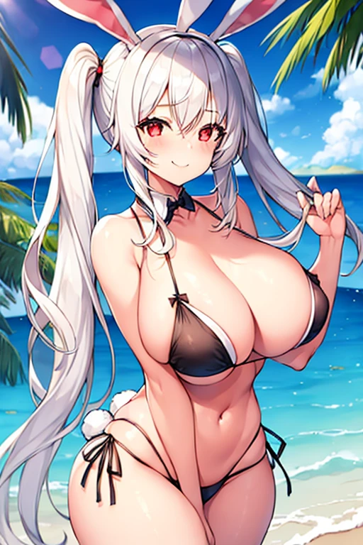 1girl, white hair, twintails, twin tails, bunny ears, rabbit ears, bikini, black bikini, smile, , large breasts thighs, wide hips, red eyes, highleg bikini, highleg, beach, toned, toned female, mature female,lass figure, thigh strap, necklace
