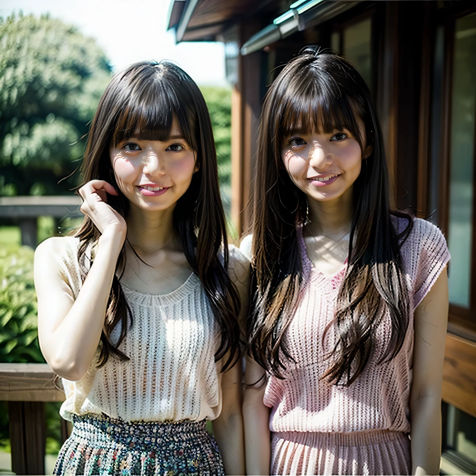 Two beautiful girls wearing summer knits、Japanese、16 years、look away from the camera、terrace、spinning、black haired、