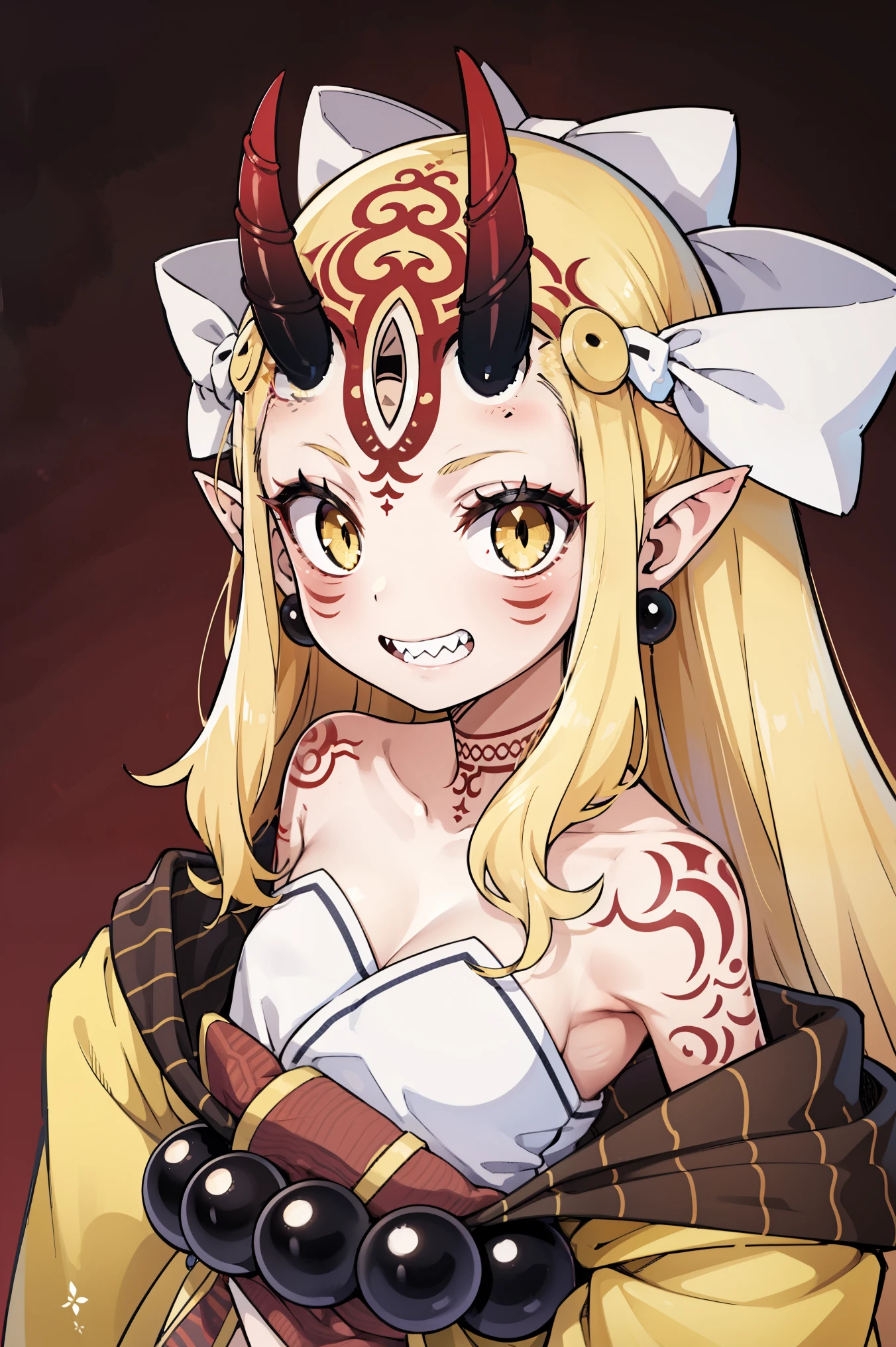 1girl, solo, (ibaraki_douji), blonde, yellow eyes, slit pupils, oni horns, japanese clothes, pointy ears, kimono, bare shoulders, off shoulder, yellow kimono, forehead mark, fingernails, sharp fingernails, ((red hands)), hair accesories, straight hair, jewelry, earrings, smile, grin, (sharp teeth, sharp smile), (hands on chest), looking at viewer, upper body, standing, masterpiece, best quality