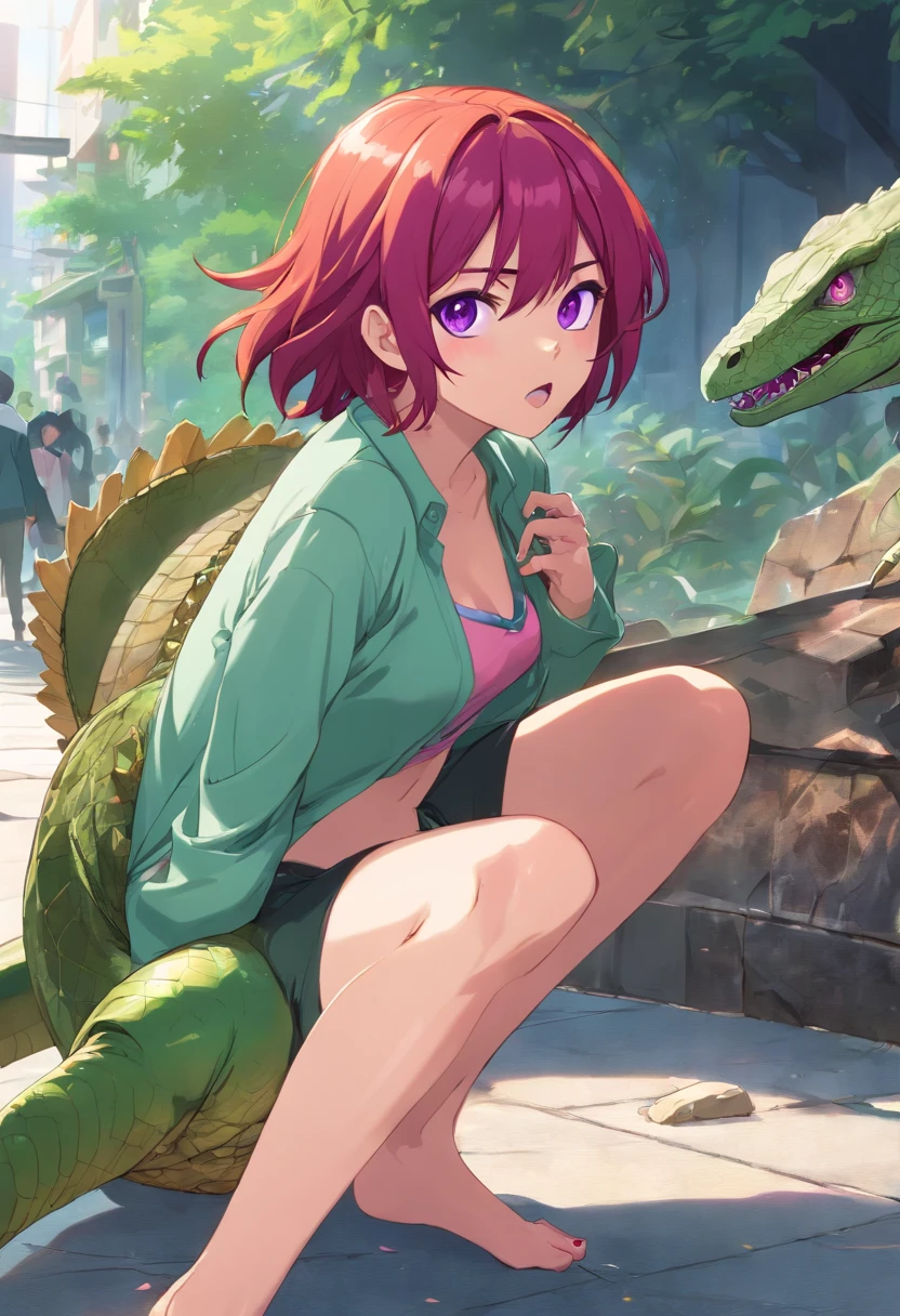((A Mutated Girl with a body of a large lizard)) The girl has ((wild red hair)) ((Shocked Purple  Eyes)) ((four legs)) ((webbed feet)) ((angry features)) ((flared nostrils)) a green body with pink round-spots ((large claws)) ((lizard nails)