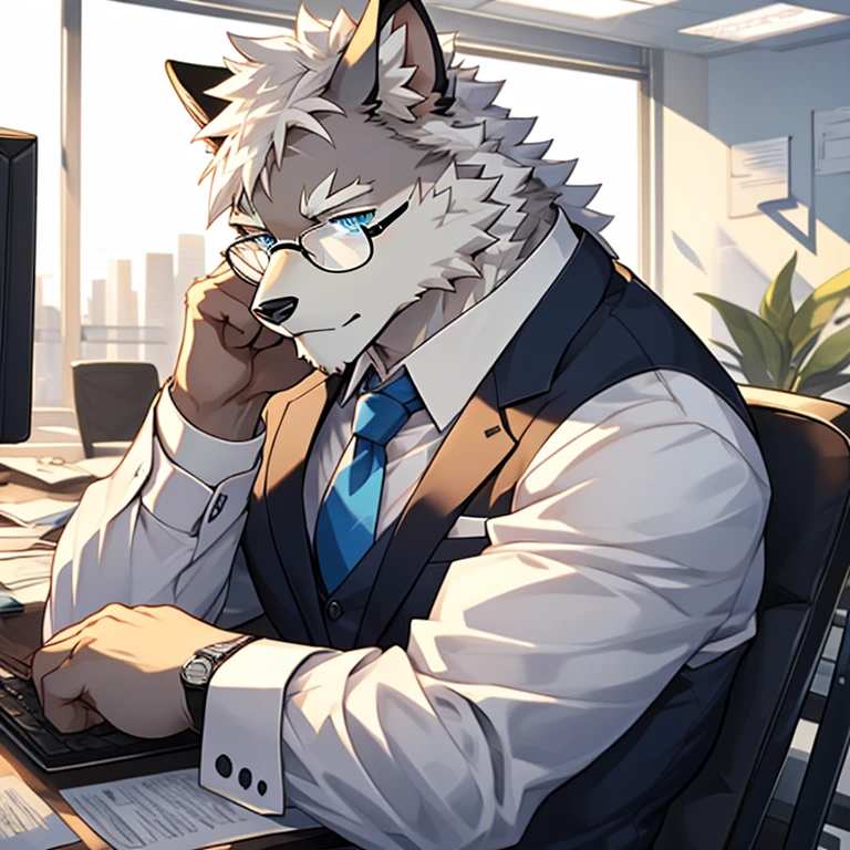 (best quality), 1 male, (Furry White), blue eyes, white medium hair, business suit,wear glasses,Work, muscular, nice, comfortable, Warm feeling, In office background.