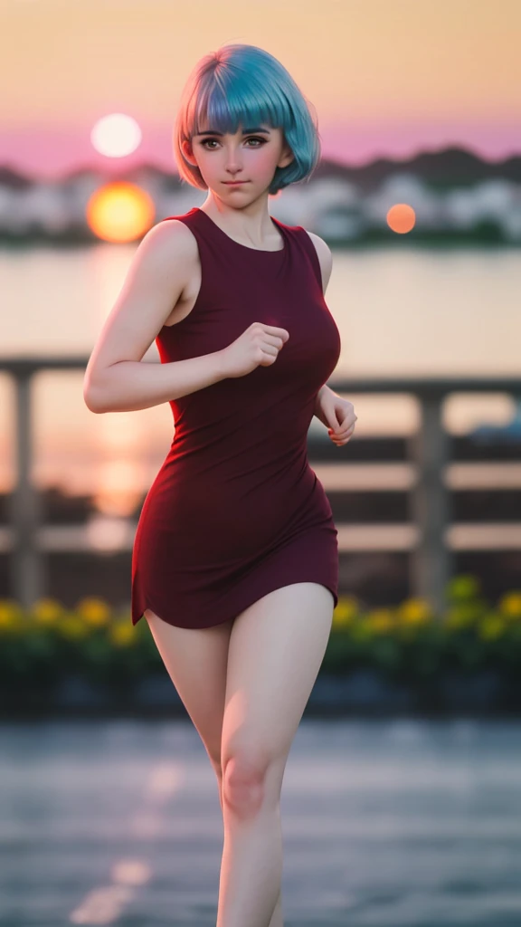 (Ultra realistic 16k), (extremely complex:1.3), (realistic), very white girl, blushing cheeks, short cyan blue hair, red dress, pale skin, narrow waist, proportional hips, beautiful legs, 18 years old, (beautiful body), professional photography of a stunning woman detailed, sharp focus, dramatic, award-winning, cinematic lighting, volumetric dtx, (film grain, blurred background, blurred foreground, Bokeh, depth of field, Sunset, motion blur:1.3), various poses. 