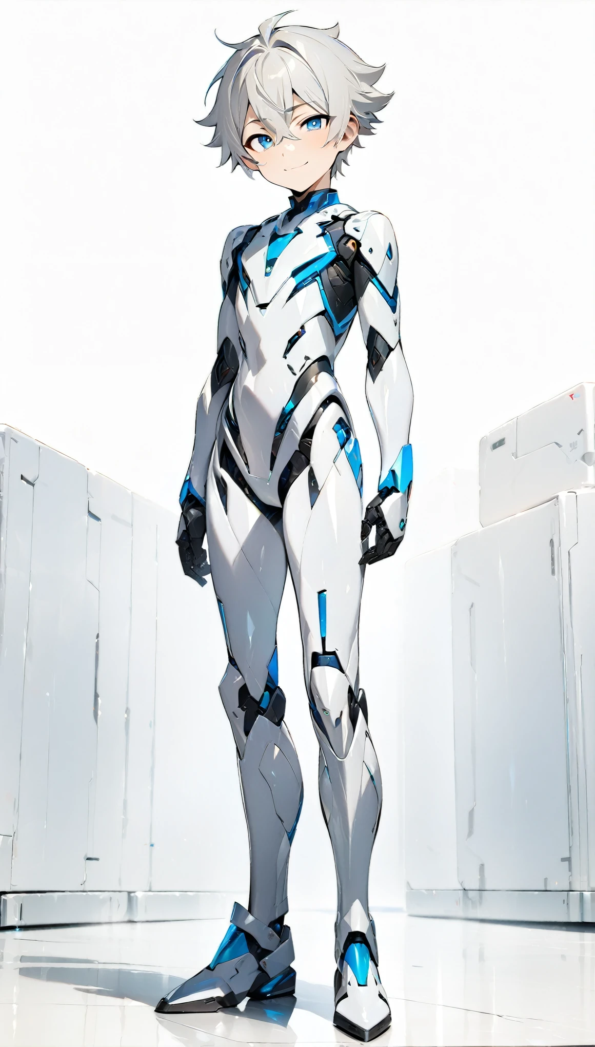 (((masterpiece:1.5))), full body image, anime robot boy, 1boy, ((shota)), shiny, ((white)), smooth, (((sleek))) robot body with accents, silver hair, gentle face, blue eyes, calm, smiling expression, plain white background