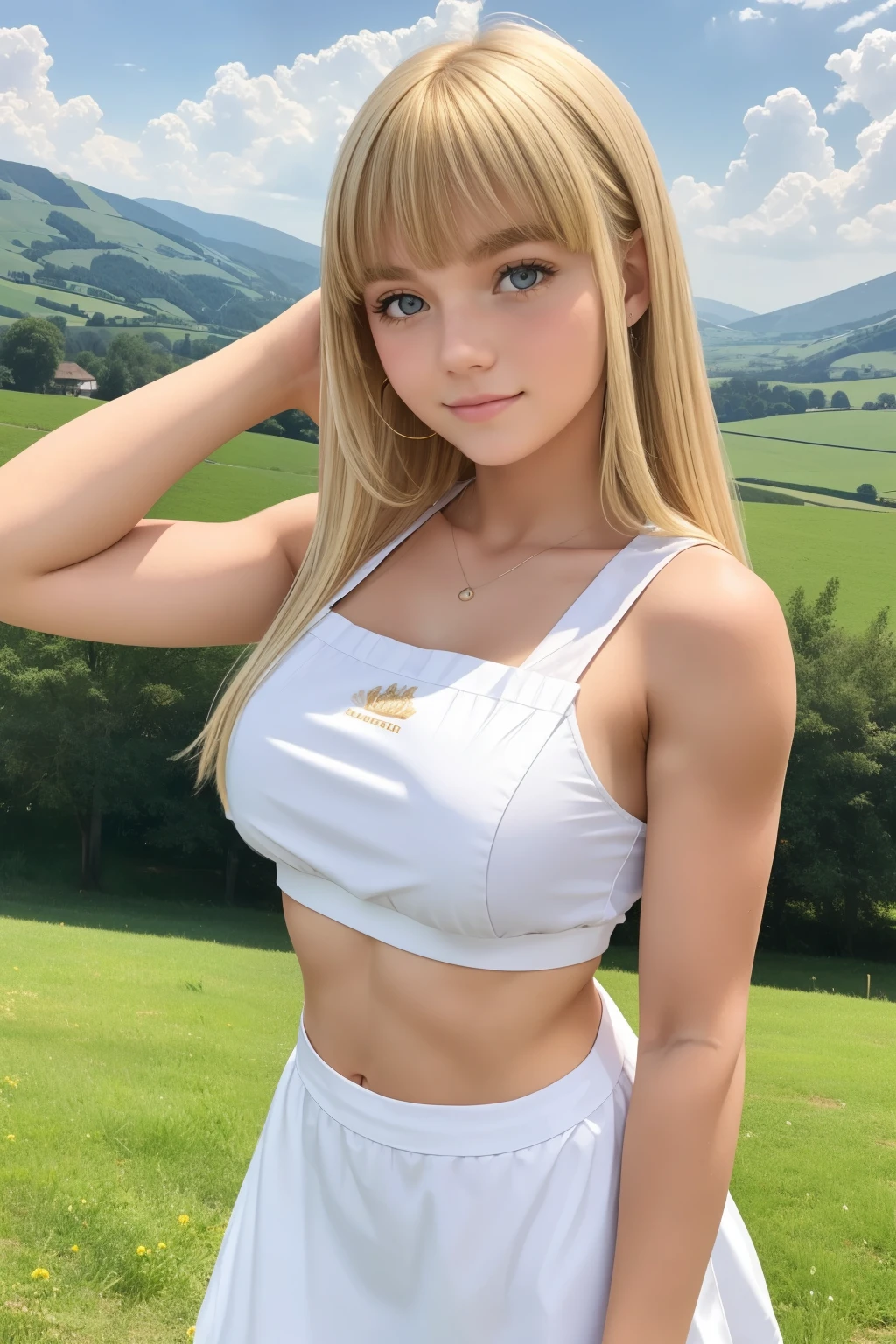 A girl,,sleeveless waitress,european countryside,blonde,bangs bangs,pretty face,thick and muscular upper arms
