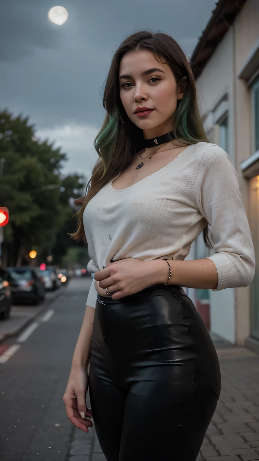 1girls, Nur, green Hair , 24 years old , , gorgeous woman, outside in germany at night, beautiful sky, realistic stars, realistic moon, anatomically correct, looking to viewer, facing away, beatiful nature, nature, realistic nature, photograph, , beautiful makeup, beautiful lipstick, glossy lips, perfect woman hands, perfect fingers and fingernails, skin structure, solo, rockstar outfit for cold temperatures, pullover, elastic black leather choker, necklaces, leggings, evening, skin texture, photo grain, sympathic, zoomed out, purse, high resolution, UHD, HD resolution, RAW Photo, Best Quality, 8K, Masterpiece:1.3)), Focus: 1.2, Perfect Body Beauty: 1.4, Hips: 1.2, , High Detail Facial and Skin Texture, Thin Eyes, Double Eyelids, , Smile,
