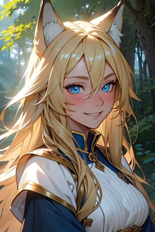 ((best quality)), ((masterpiece)), ((detailed)) woman, long blonde hair, wolf ears, wolf tail, bright blue eyes, fair skin, medieval clothing, shy, smiling, blushing, bright sunny day, forest, portrait