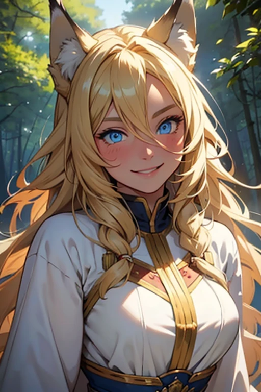 ((best quality)), ((masterpiece)), ((detailed)) woman, long blonde hair, wolf ears, wolf tail, bright blue eyes, fair skin, medieval clothing, shy, smiling, blushing, bright sunny day, forest, portrait