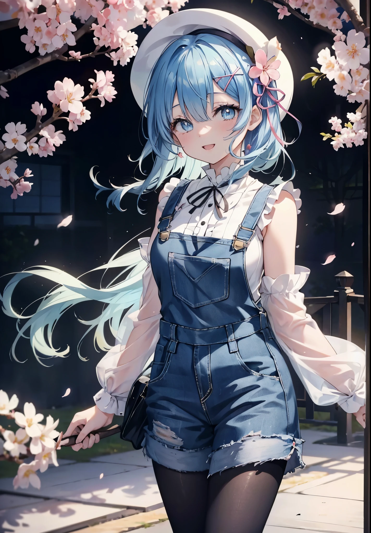 rezeroRem, Rem, blue eyes, blue hair, hair ornaments, hair above one eye, hair ribbon, long hair, x hair ornaments,happy smile, smile, open your mouth,skirt,Hunting Hat,Pink tank top shirt,bare arms,denim overalls,shorts,black tights,Mini Boots,cherry blossoms,cherry blossoms並木道,cherry blossomsが咲いている,cherry blossomsが散っている,morning,morning日,the sun is rising,
break outdoors, garden,
break looking at viewer, (cowboy shot:1. 5)
break (masterpiece:1.2), highest quality, High resolution, unity 8k wallpaper, (figure:0.8), (detailed and beautiful eyes:1.6), extRemely detailed face, perfect lighting, extRemely detailed CG, (perfect hands, perfect anatomy),