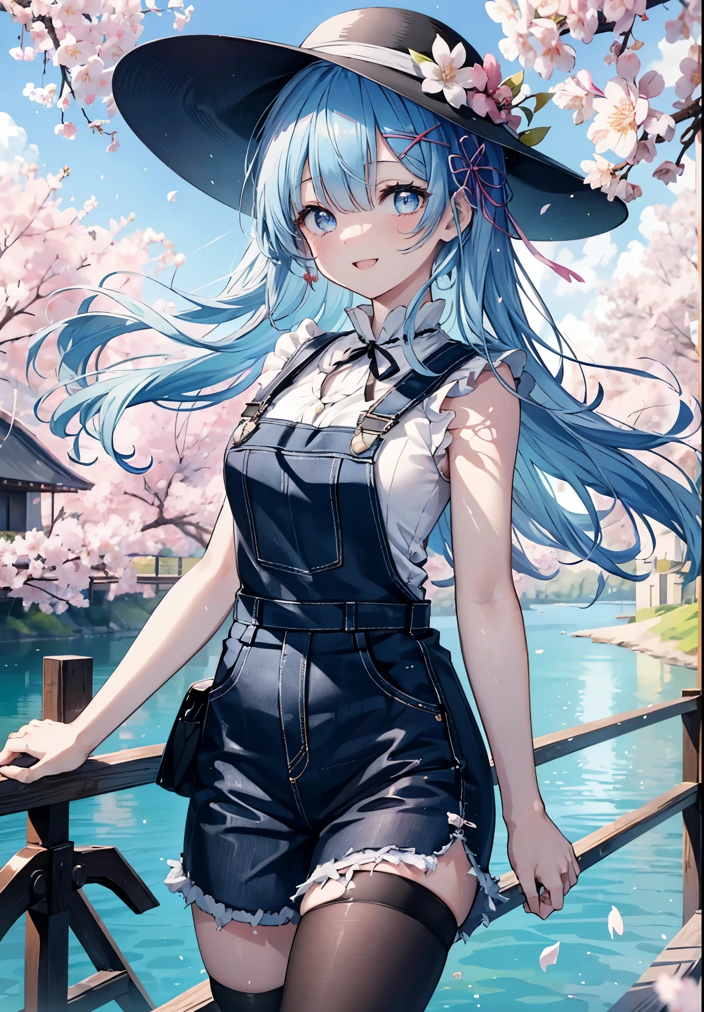 rezeroRem, Rem, blue eyes, blue hair, hair ornaments, hair above one eye, hair ribbon, long hair, x hair ornaments,happy smile, smile, open your mouth,skirt,Hunting Hat,Pink tank top shirt,bare arms,denim overalls,shorts,black tights,Mini Boots,cherry blossoms,cherry blossoms並木道,cherry blossomsが咲いている,cherry blossomsが散っている,morning,morning日,the sun is rising,
break outdoors, garden,
break looking at viewer, (cowboy shot:1. 5)
break (masterpiece:1.2), highest quality, High resolution, unity 8k wallpaper, (figure:0.8), (detailed and beautiful eyes:1.6), extRemely detailed face, perfect lighting, extRemely detailed CG, (perfect hands, perfect anatomy),
