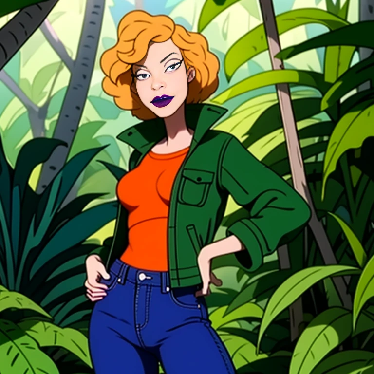 Masterpiece, best quality, detailed face, Debbie Thorneberry, green jacket, orange shirt, torn jeans, purple lips, posing, in the jungle, looking at viewer, sexy smirk