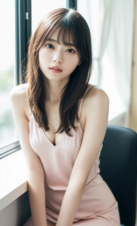 masterpiece、highest quality、16K、ultra high resolution、UHD,Depth of the bounds written、very detailed、soft light、professional lighting、Pale shading、Weak contrast、Japanese、beautiful girl、slender woman、Smooth, silky skin、clear white skin、daytime office、Window seat、sitting in front of the computer、A tight pink slip dress that clings to the breasts、(smooth and beautiful thighs:1.6)、(small breast:1.0)、flat chest、Childlike breasts、small areola、small nipples、beautiful nipples、Cherry-colored nipples、white breast、fine and beautiful eyes、(hanging eyes)、(thin eyebrows:1.8)、(thin lips:1.8)、natural makeup、natural color lip、gentle smile、(floating hair、long wavy hair、high ponytail),(The bangs are see-through bangs)、