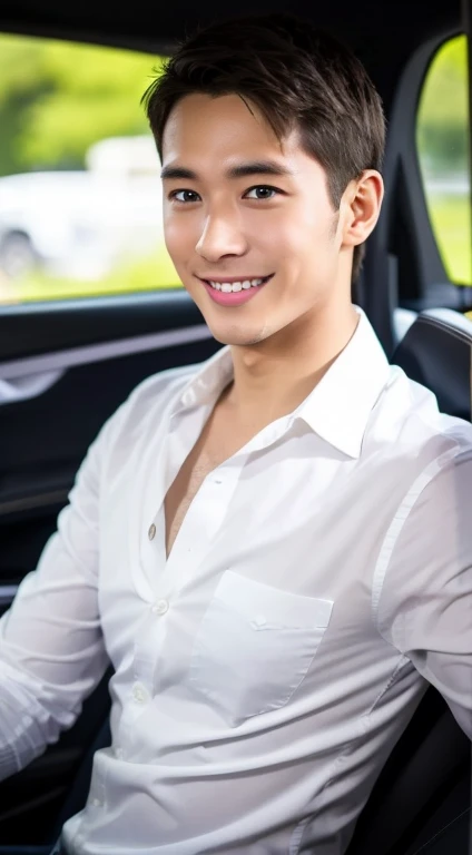 A young man around 28 years old, Smile, sharp focus, whole body (1.5), White shirt, wonderful, People in BMW cars,Put your hands on the steering wheel.