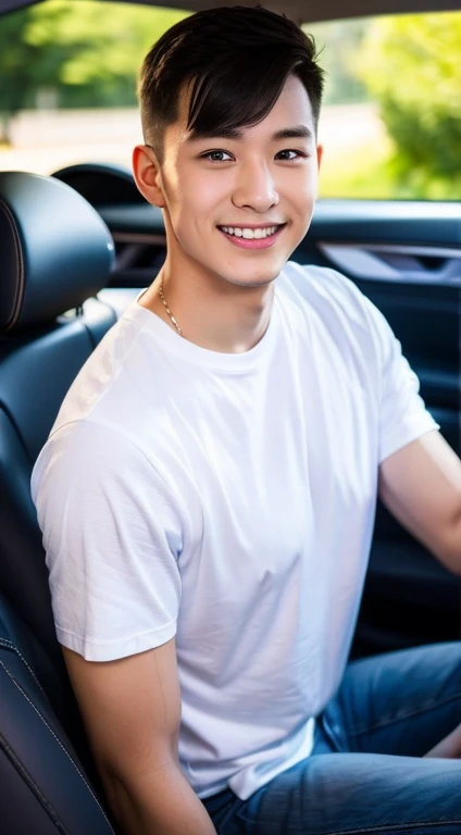 A young man around 28 years old, Smile, sharp focus, whole body (1.5), White shirt, wonderful, People in BMW cars,Put your hands on the steering wheel.