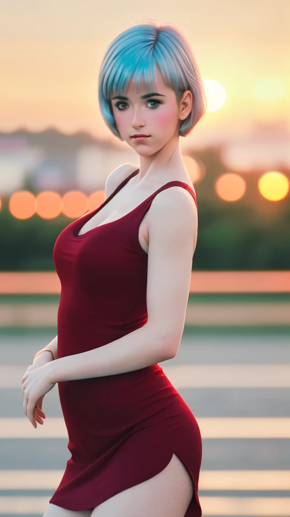 (Ultra realistic 16k), (extremely complex:1.3), (realistic), very white girl, blushing cheeks, short cyan blue hair, red dress, pale skin, narrow waist, proportional hips, beautiful legs, 18 years old, (beautiful body), professional photography of a stunning woman detailed, sharp focus, dramatic, award-winning, cinematic lighting, volumetric dtx, (film grain, blurred background, blurred foreground, Bokeh, depth of field, Sunset, motion blur:1.3), various poses.