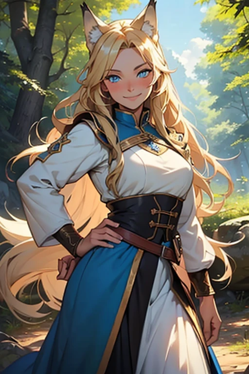 ((best quality)), ((masterpiece)), ((detailed)) woman, long blonde hair, wolf ears, wolf tail, bright blue eyes, fair skin, medieval clothing, shy, smiling, blushing, bright sunny day, forest, dynamic pose