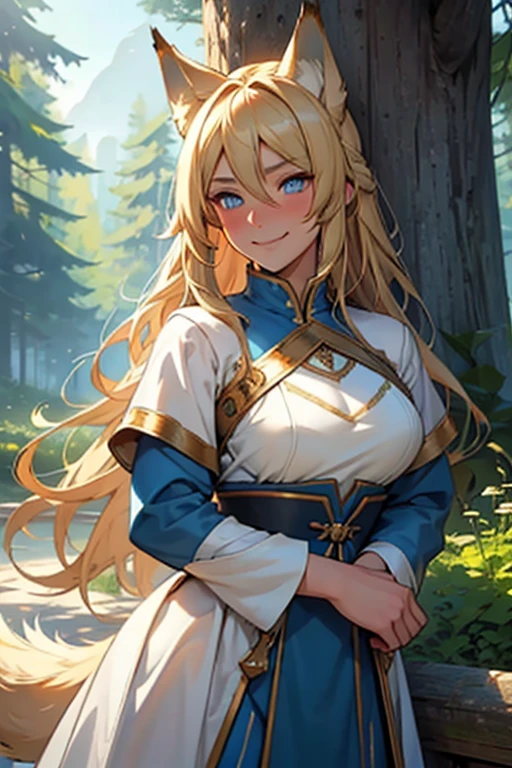 ((best quality)), ((masterpiece)), ((detailed)) woman, long blonde hair, wolf ears, wolf tail, bright blue eyes, fair skin, medieval clothing, shy, smiling, blushing, bright sunny day, forest, dynamic pose