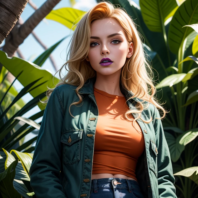 debbieb3rry, in jungle, long curly blonde hair, green jacket, orange shirt, torn jeans, purple lips, (intricate details), perfect eyes, perfect face, perfect lighting, beautiful, (masterpiece:1.2), (best quality:1.2)