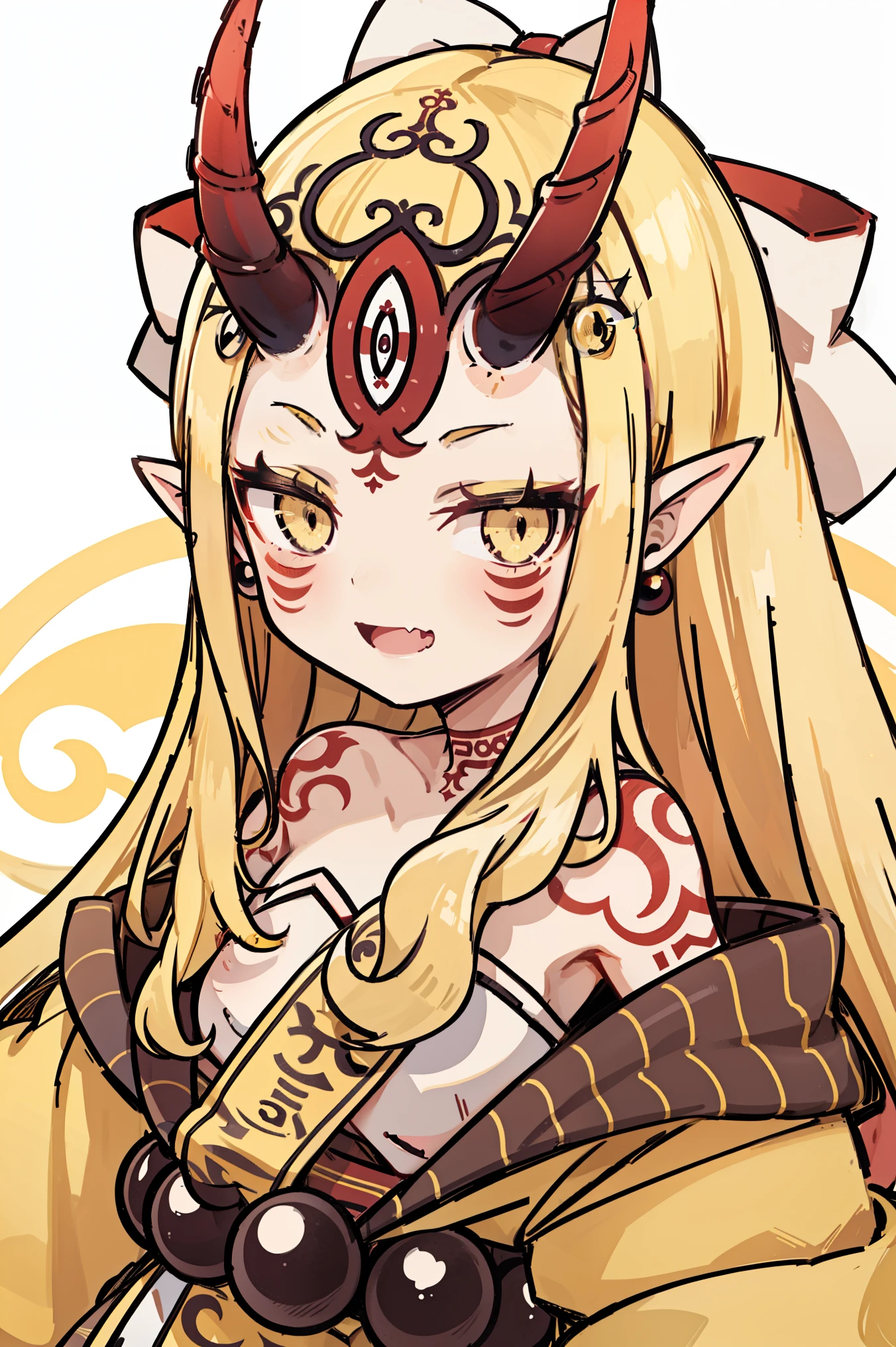 1girl, solo, (ibaraki_douji), blonde, yellow eyes, slit pupils, oni horns, japanese clothes, pointy ears, kimono, bare shoulders, off shoulder, yellow kimono, forehead mark, fingernails, sharp fingernails, ((red hands)), hair accesories, straight hair, jewelry, earrings, smile, skin fang, (hands on chest), looking at viewer, upper body, standing, masterpiece, best quality