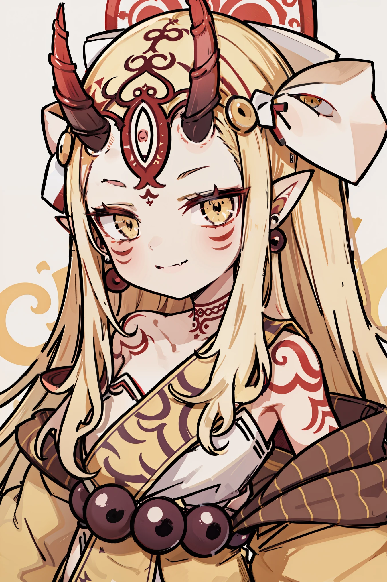 1girl, solo, (ibaraki_douji), blonde, yellow eyes, slit pupils, oni horns, japanese clothes, pointy ears, kimono, bare shoulders, off shoulder, yellow kimono, forehead mark, fingernails, sharp fingernails, ((red hands)), hair accesories, straight hair, jewelry, earrings, smile, skin fang, (hands on chest), looking at viewer, upper body, standing, masterpiece, best quality