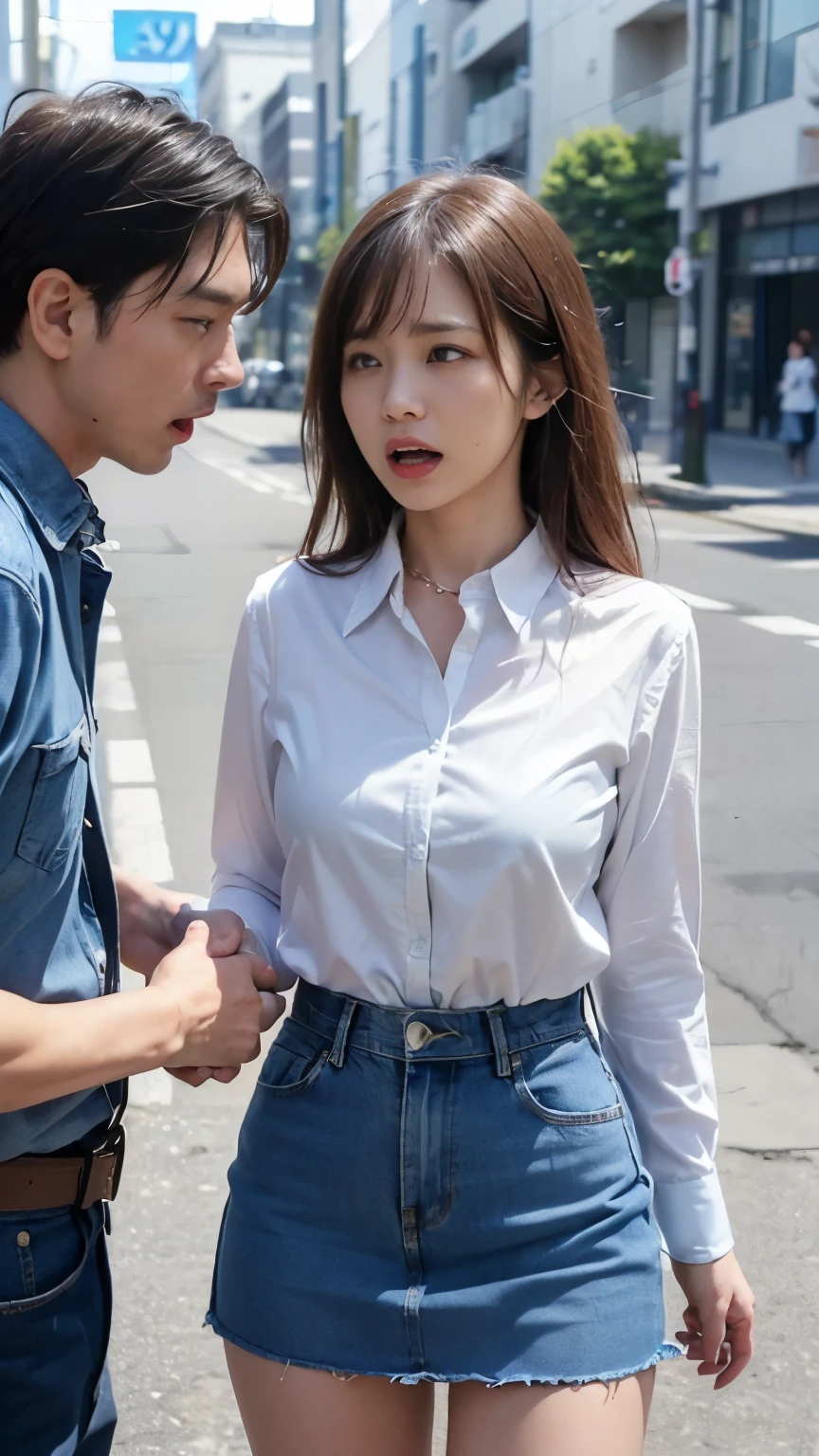 (high quality), (realistic pictures)、1 male、1 female、No audience、((Young Japanese couple facing each other and arguing:1.4))、((An angry Japanese woman and a Japanese man trying to talk to her:1.4)) 、((whiteい半袖Ｔwoman wearing a shirt:1.4))、((whiteＴMan in shirt:1.4))、((On a deserted street:1.4))、daytime、((A woman glares at a man:1.7))、((A woman wearing a denim skirt that accentuates her thighs:1.4))、((whiteい半袖Ｔwoman wearing a shirt:1.4))、((A woman with a scared expression:1.4))、