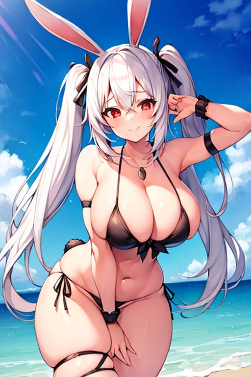1girl, white hair, twintails, twin tails, bunny ears, rabbit ears, bikini, black bikini, smile, breasts, large breasts, thick thighs, wide hips, red eyes, highleg bikini, highleg, beach, toned, toned female, mature female, hourglass figure, thigh strap, necklace