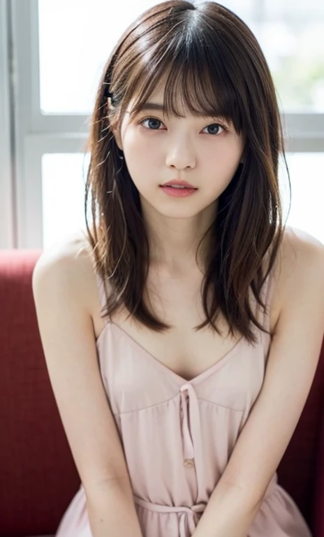 masterpiece、highest quality、16K、ultra high resolution、UHD,Depth of the bounds written、very detailed、soft light、professional lighting、Pale shading、Weak contrast、Japanese、beautiful girl、slender woman、Smooth, silky skin、clear white skin、daytime office、Window seat、sitting in front of the computer、A tight lavender slip dress that hugs the breasts、(smooth and beautiful thighs:1.6)、(small breast:1.0)、flat chest、Childlike breasts、small areola、small nipples、beautiful nipples、Cherry-colored nipples、white breast、fine and beautiful eyes、(hanging eyes)、(thin eyebrows:1.8)、(thin lips:1.8)、natural makeup、natural color lip、gentle smile、(floating hair、long wavy hair、high ponytail),(The bangs are see-through bangs)、