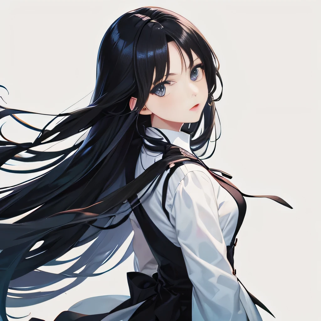 Anime girl with long black hair and white shirt and black vest - SeaArt AI