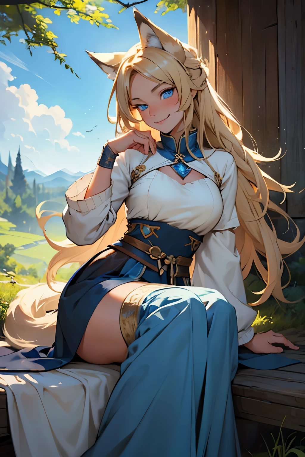 ((best quality)), ((masterpiece)), ((detailed)) woman, long blonde hair, wolf ears, wolf tail, bright blue eyes, fair skin, medieval clothing, shy, smiling, blushing, bright sunny day, forest, dynamic pose