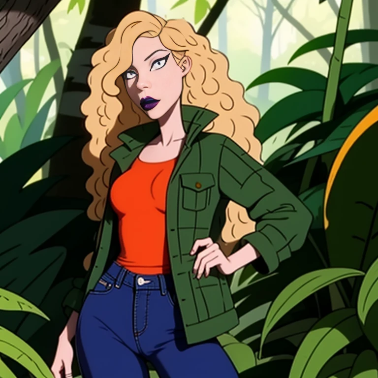 debbieb3rry, in jungle, long curly blonde hair, green jacket, orange shirt, torn jeans, purple lips, (intricate details), perfect eyes, perfect face, perfect lighting, beautiful, (masterpiece:1.2), (best quality:1.2)