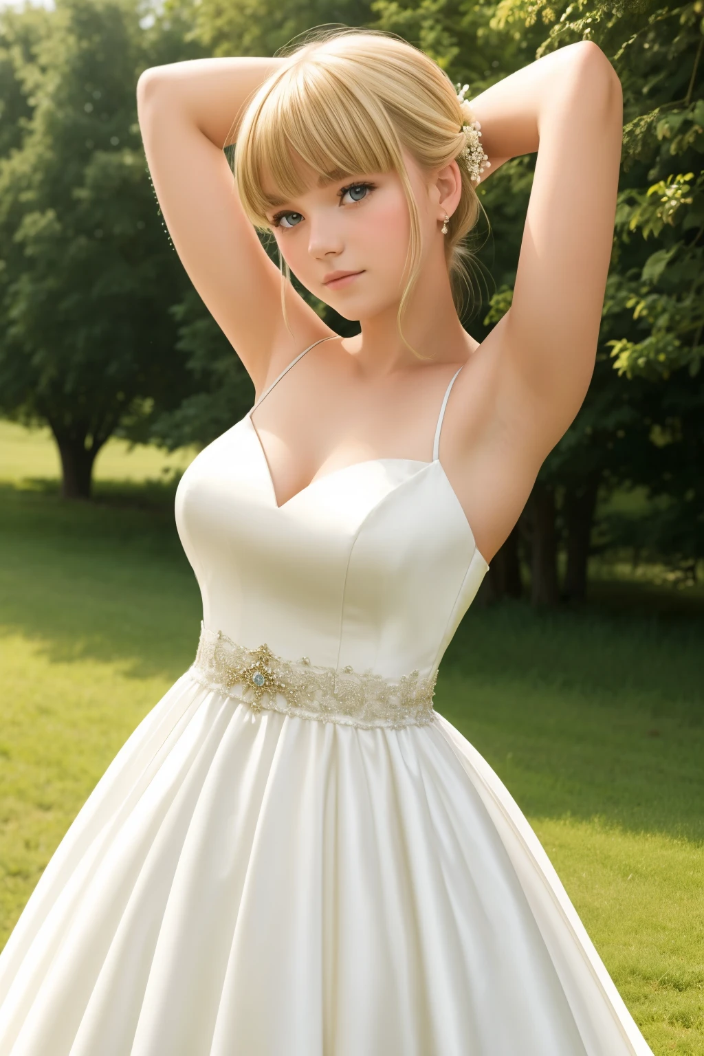 A girl,16 year old,wedding dress,european countryside,blonde,bangs bangs,pretty face,thick and muscular upper arms,armpit