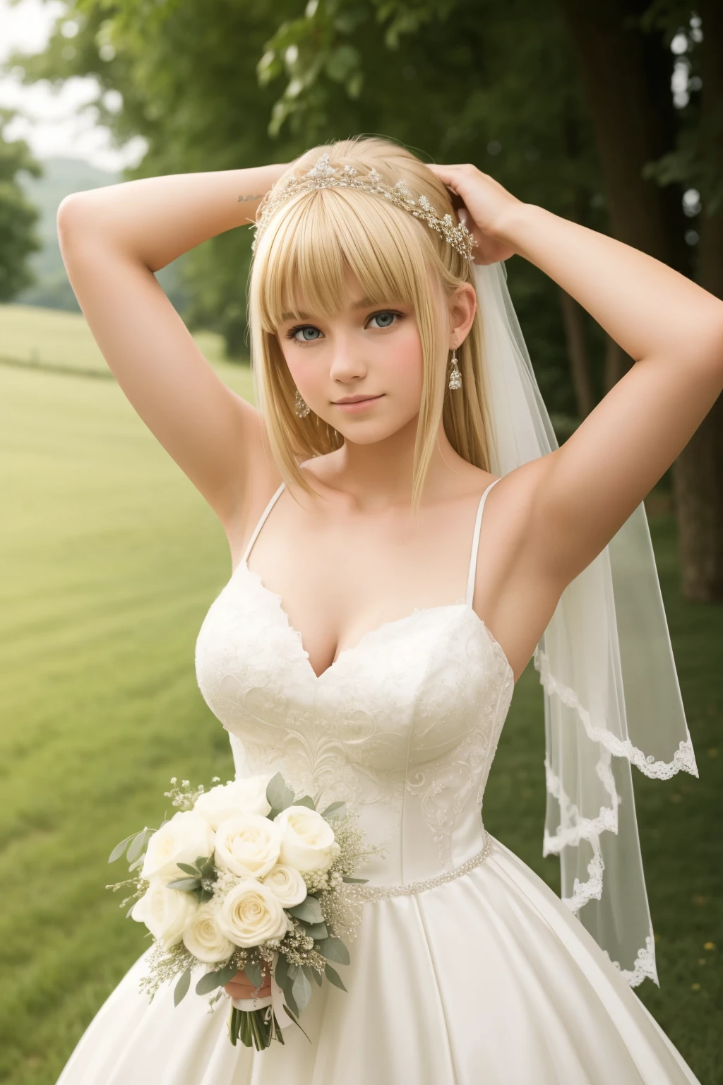 A girl,,wedding dress,european countryside,blonde,bangs bangs,pretty face,thick and muscular upper arms