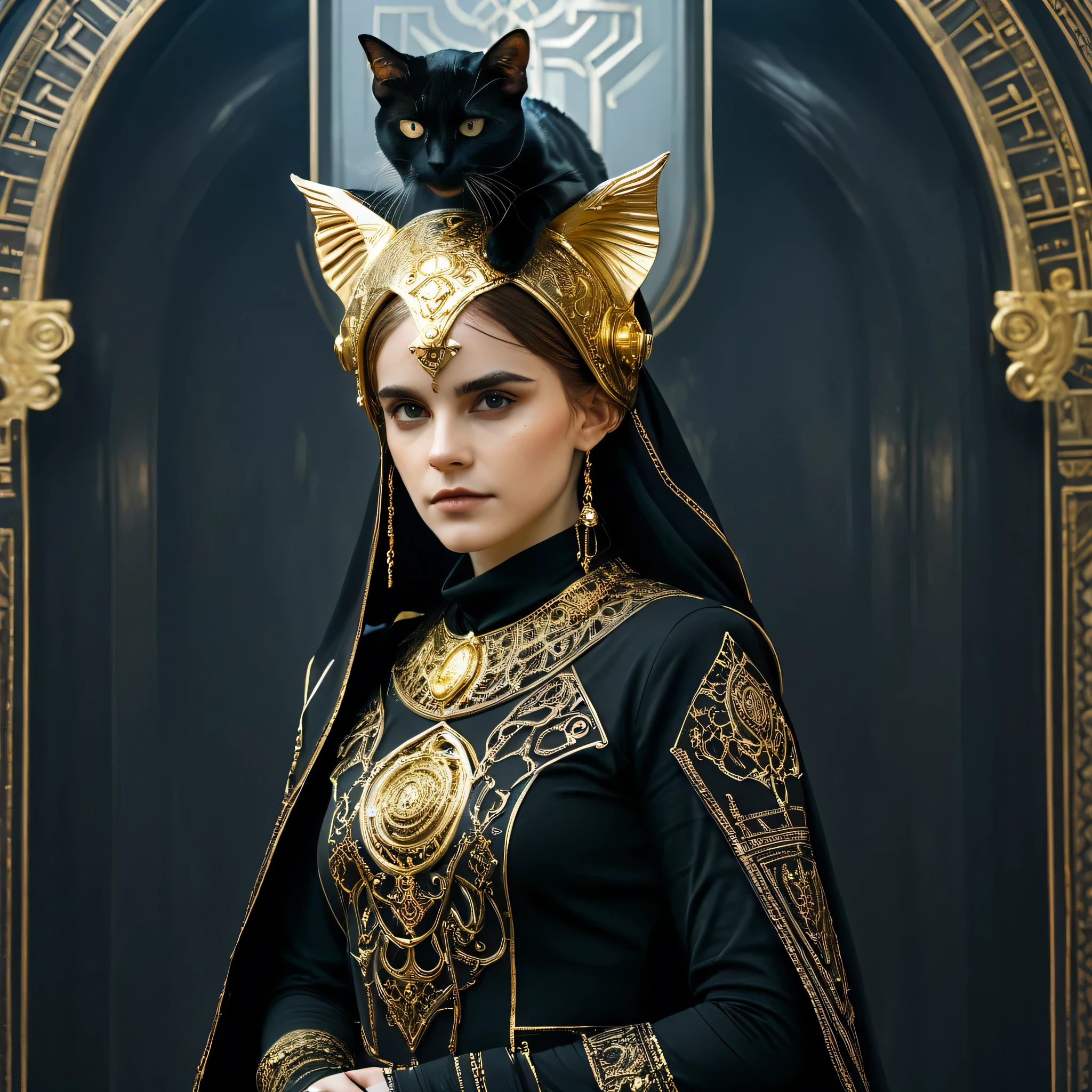 Araffe woman in a black and gold costume with a cat on her head - SeaArt AI